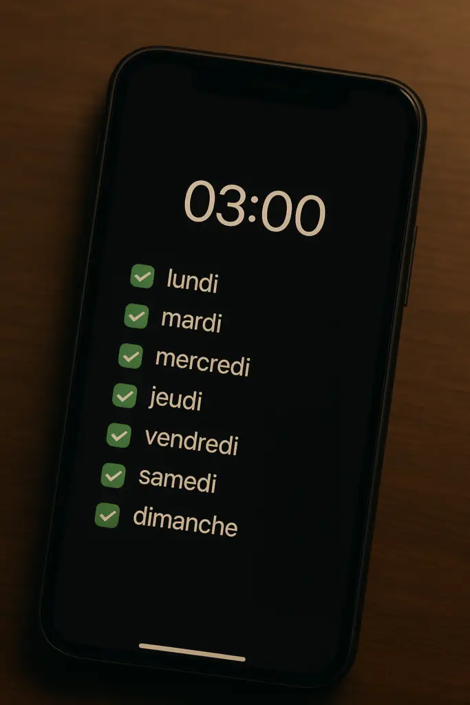 Écran d'un téléphone montrant une alarme réglée pour 3 heures du matin tous les jours.