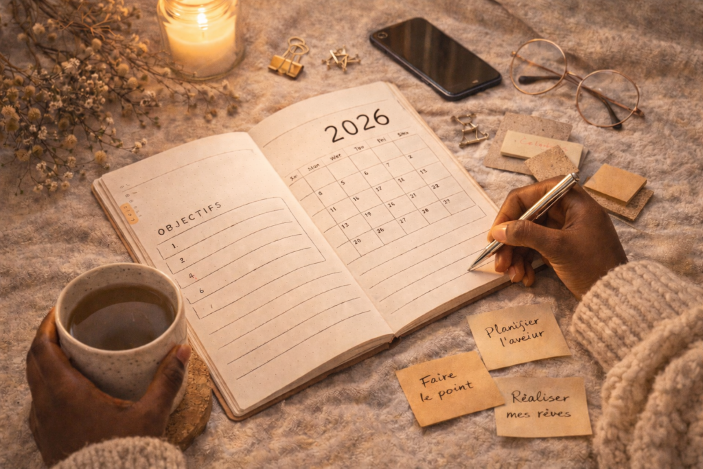 Illustration d'une femme qui passe les fêtes de fin d'année seule et qui écrit dans un carnet. Elle planifie la nouvelle année à venir.