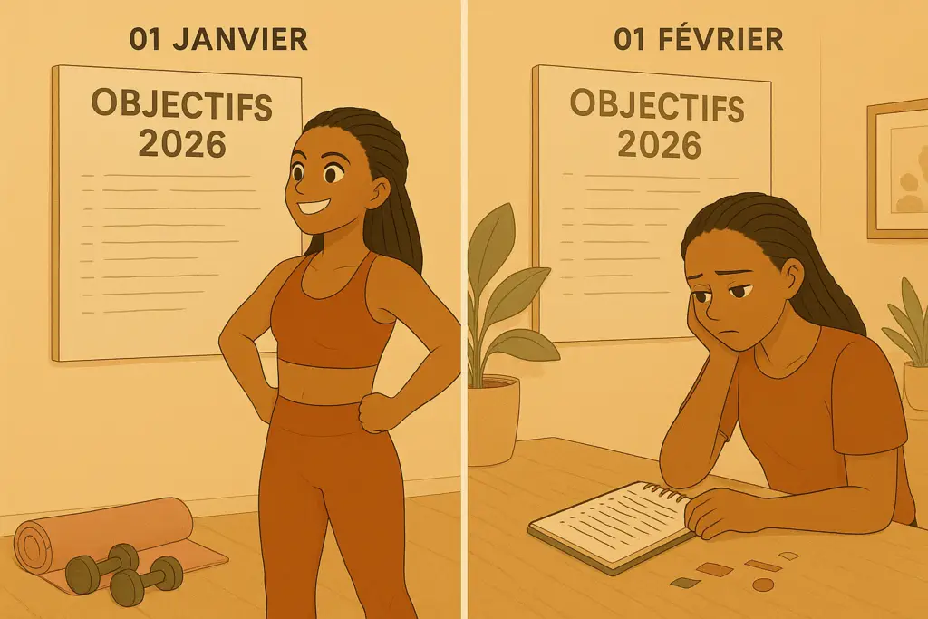 Illustration  comparant la motivation du début d'année et sa baisse avec le temps, montrant l'importance de garder ses objectifs et sa motivation après le nouvel an