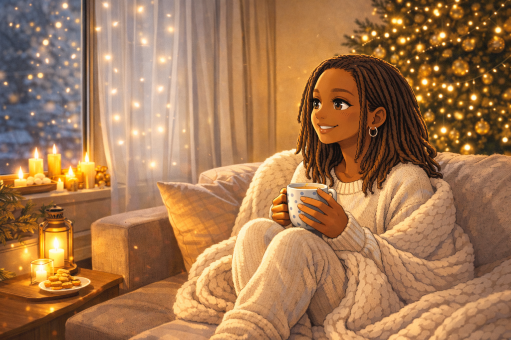 Illustration d'une femme en train de passer les fêtes de fin d'année seule chez elle sans déprime. Elle savoure cet instant