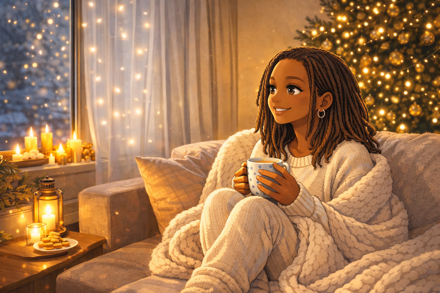 Illustration d'une femme qui passe les fêtes de fin d'année seule chez elle tout en savourant cet instant.