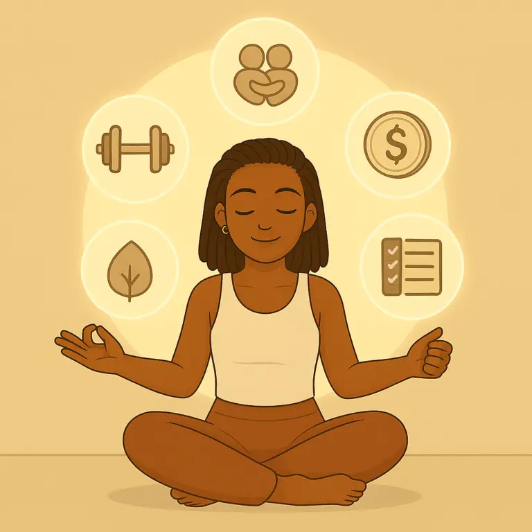 Illustration représentant des habitudes positives de vie comme le sport, la gratitude et la gestion du budget, symboles du développement personnel.