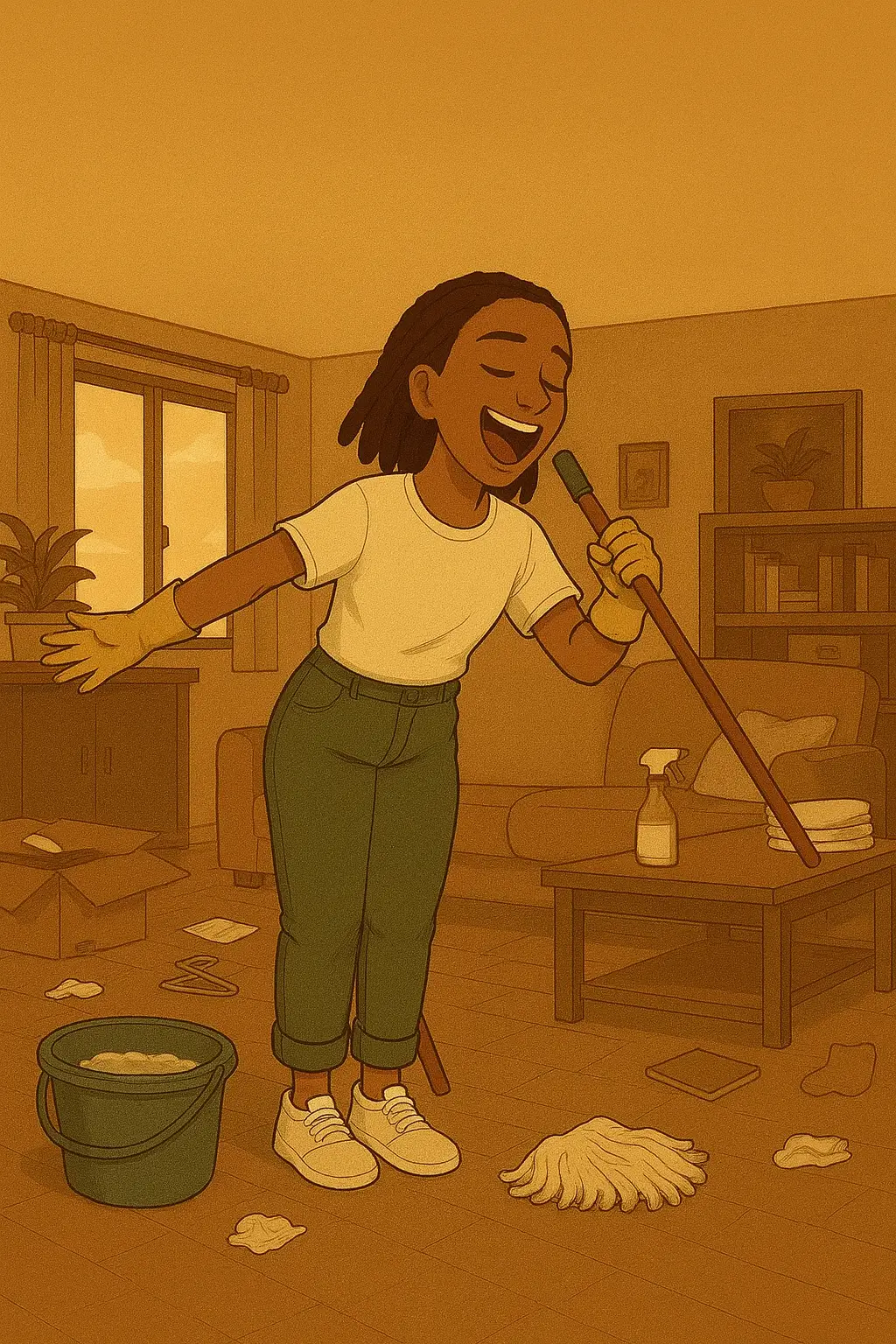 Illustration d'une femme qui fait son grand ménage pour accueillir 2026 avec clarté