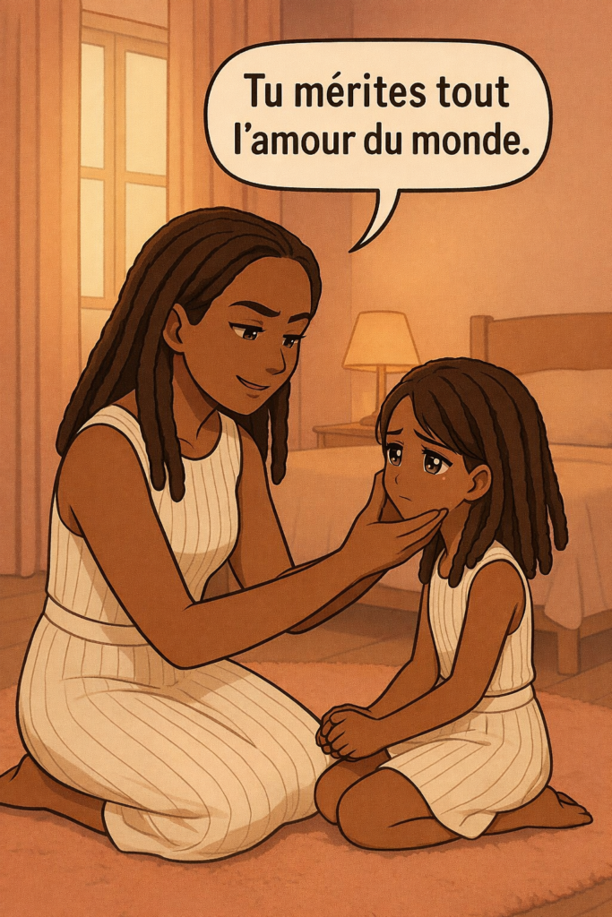 Illustration d'une femme réconfortant son enfant intérieur, une manière de s'aimer pleinement.