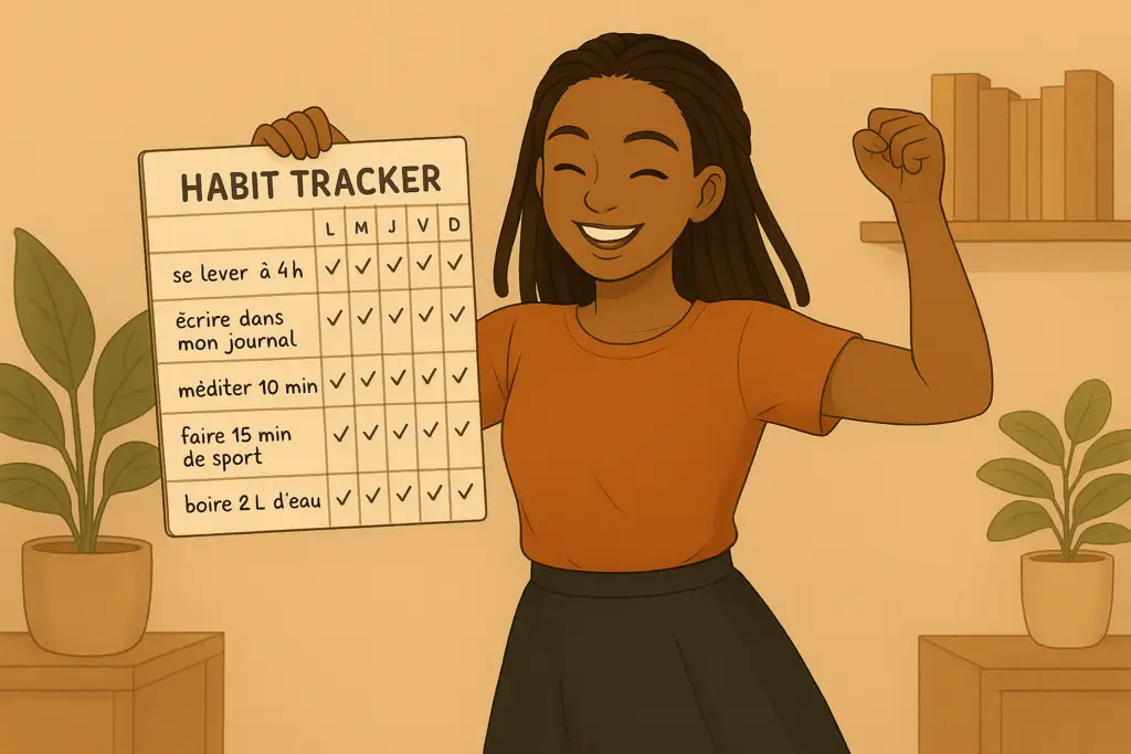 Illustration d'un habit tracker complété, montrant comment utiliser un journal de suivi pour suivre ses habitudes et rester motivé.