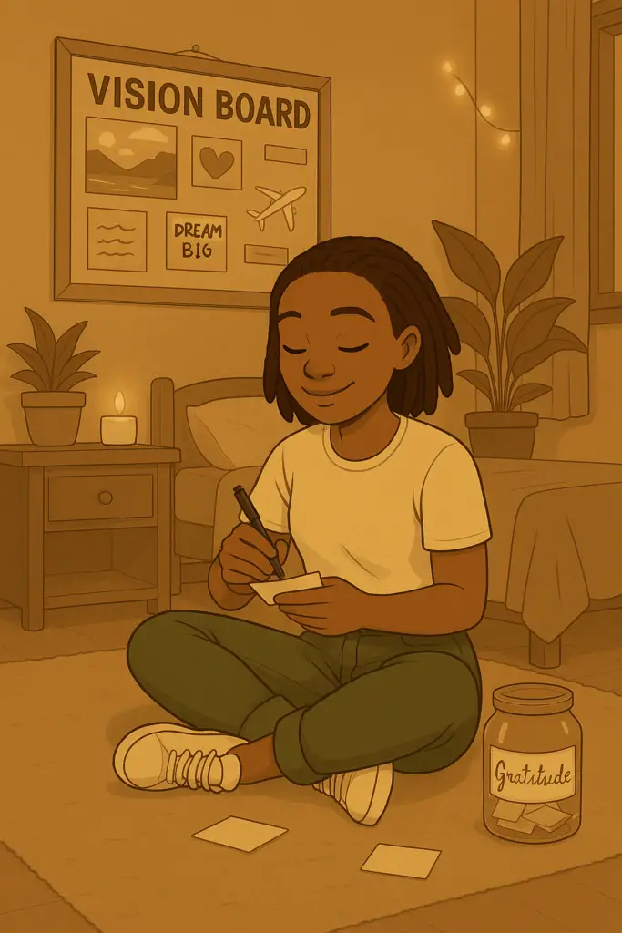 Femme faisant son vision board et remplissant sa jarre de gratitude pour poser ses intentions et objectifs de l'année.