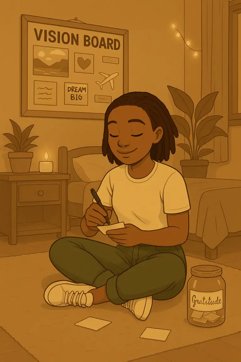 Femme faisant son vision board et remplissant sa jarre de gratitude pour poser ses intentions et objectifs de l'année.