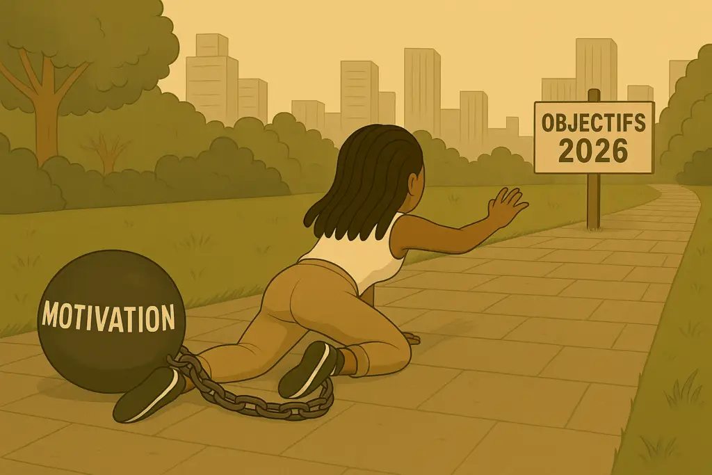 Illustration montrant une femme essayant d'atteindre ses objectifs de 2026 mais qui est ralentie par sa baisse de motivation