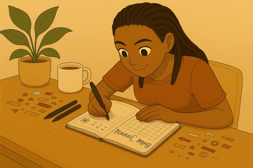Bullet journal ouvert avec trackers et dessins, illustrant une méthode d'organisation créative et structurée pour le journaling.