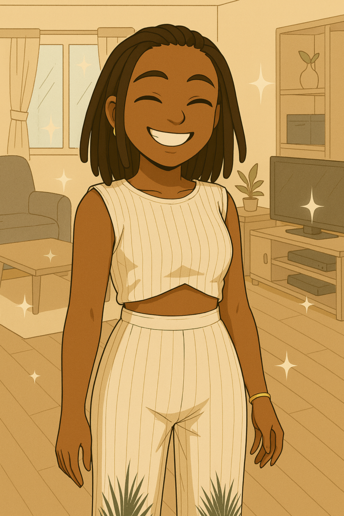 Illustration d'une femme satisfaite d'avoir réaliser son grand ménage de fin d'année, et d'avoir alléger son environnement intérieur et d'avoir gagner en clarté mentale.