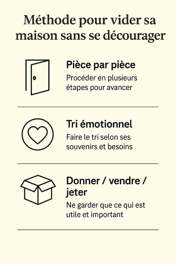 Image montrant les différentes étapes pour vider sa maison sans se décourager.