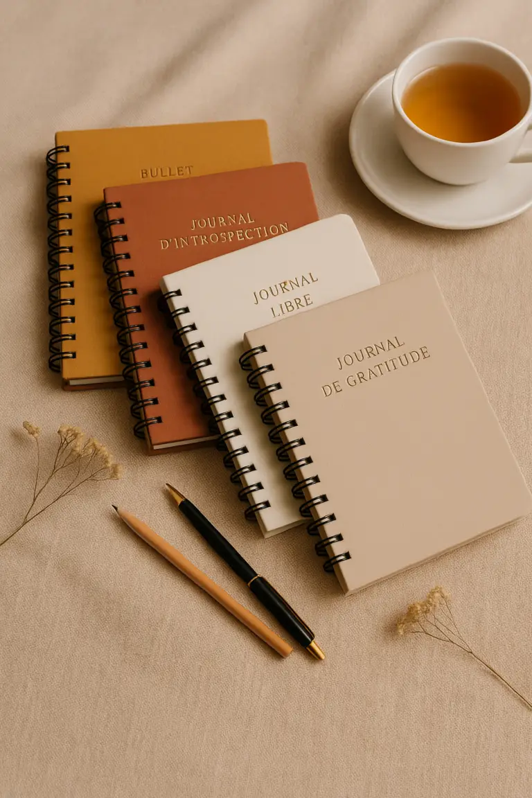 Différents types de journaling posés sur une table: bullet journal, journal d'introspection, journal libre et journal de gratitude.