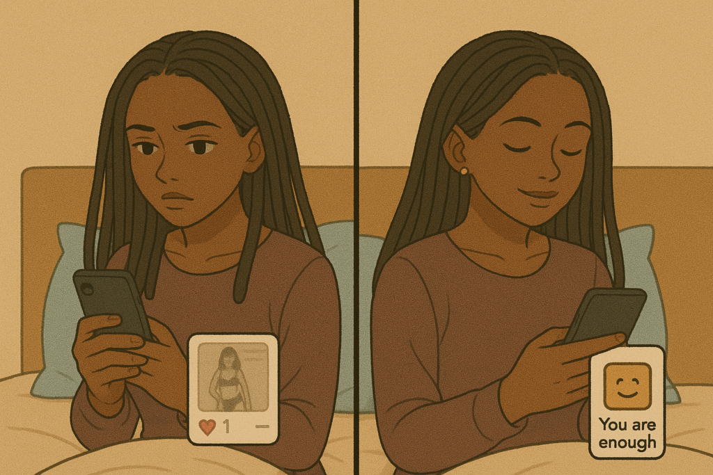 Illustration montrant une femme lorsqu'elle consomme du contenu toxique sur les réseaux versus contenu inspirant