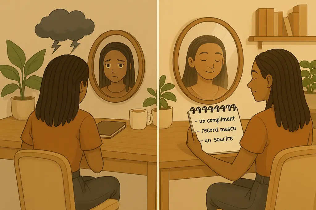 Illustration du journal de gratitude montrant une femme écrivant des pensées positives pour améliorer son humeur, exemple de pratique de journaling utilisée pour développer le bien-être et la positivité.