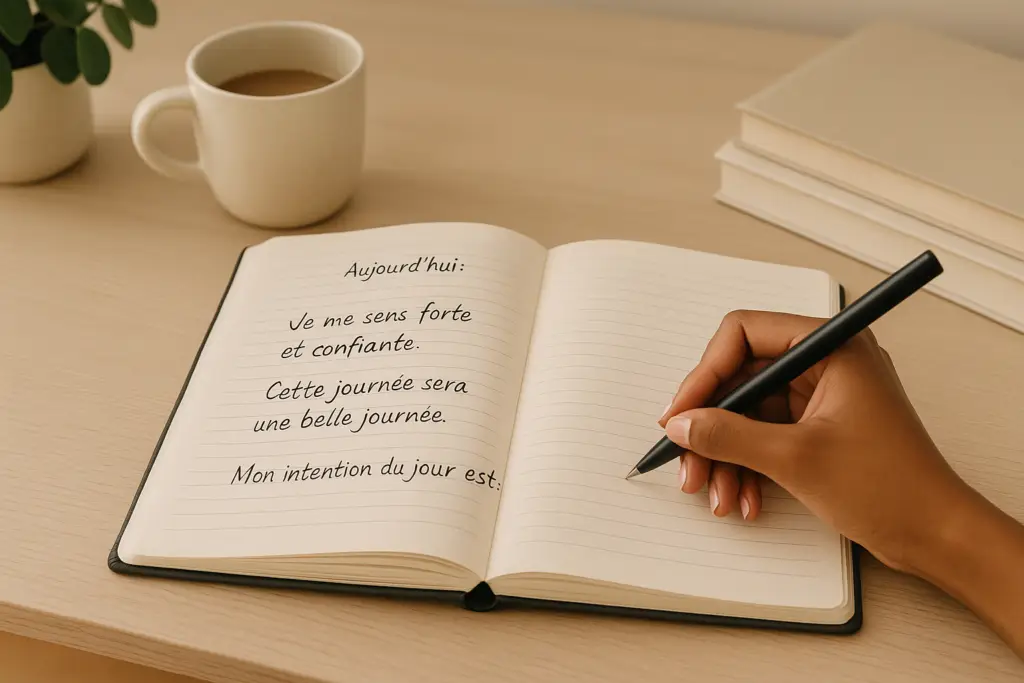 Personne écrivant dans un journal libre posé sur un bureau, tasse de thé à côté.