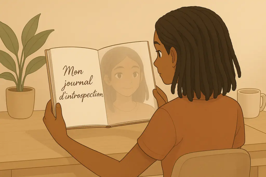 Femme écrivant dans un journal d'introspection pour travailler son développement personnel et mieux comprendre ses émotions.