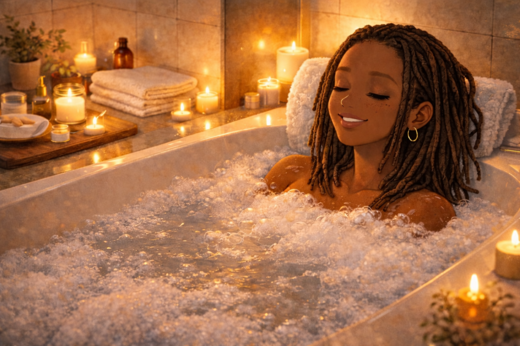 Illustration d'une femme qui passe les fêtes de fin d'année seule et qui en profite pour prendre du temps pour elle.