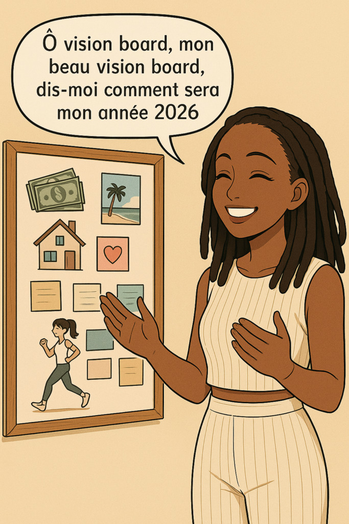 Illustration d'une femme s'adressant à son vision board pour savoir comment sera son année 2026