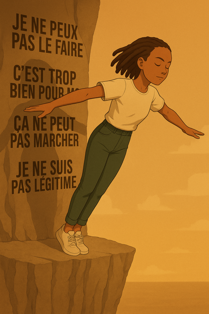 Illustration montrant une femme qui saute d'une falaise. Derrière elle, un mur avec des croyances limitantes inscrites. Elle ose malgré ses peurs.