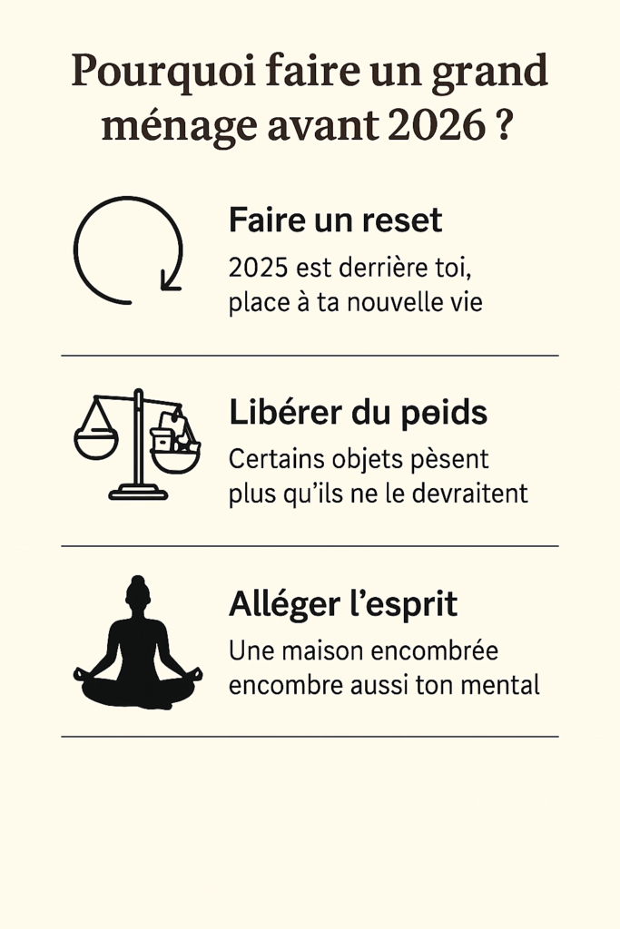 Illustration listant les  bienfaits de faire un grand ménage de fin d'année : faire un reset, repartir à zéro, libérer du poids, alléger l'esprit