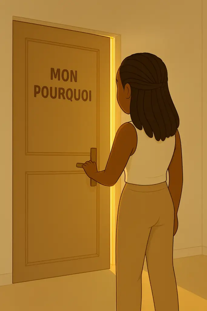 Illustration montrant une femme qui ouvre sa porte intérieure pour trouver son pourquoi.