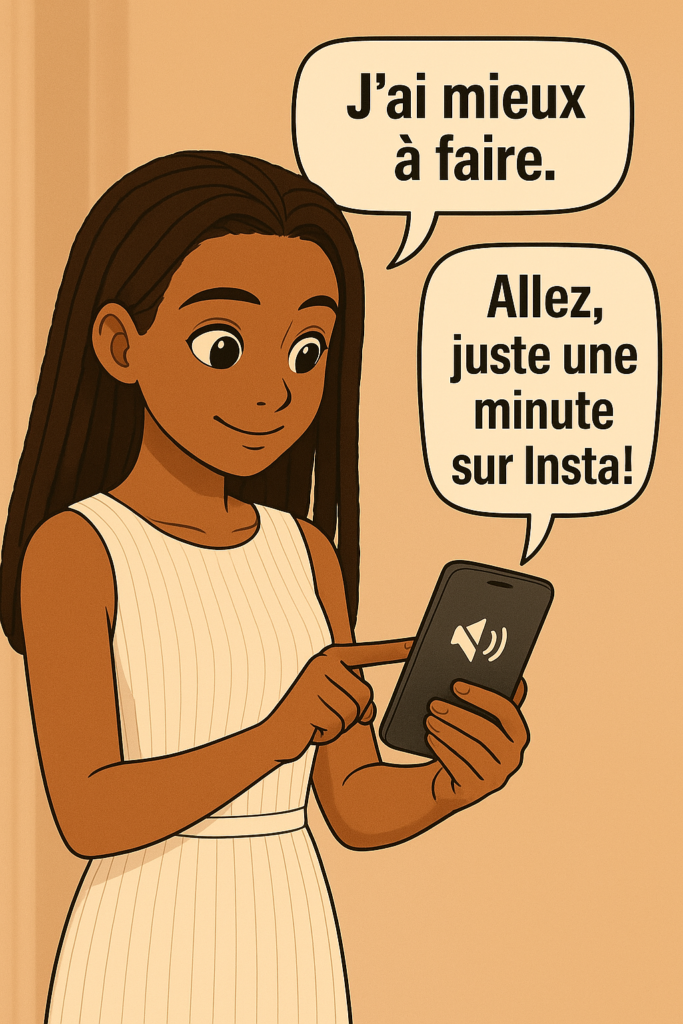 Illustration d'une femme mettant son téléphone en silencieux pour reprendre le contrôle de sa vie.
