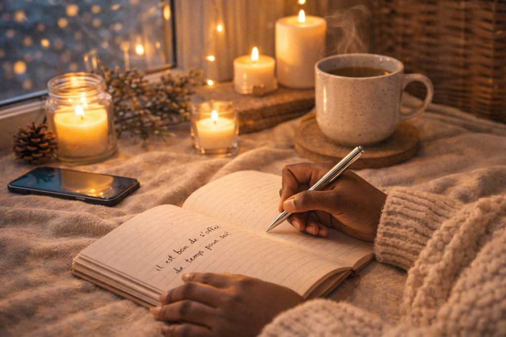 Illustration d'une femme qui écrit dans un carnet. Elle fait le point sur son année qui s'est écoulée