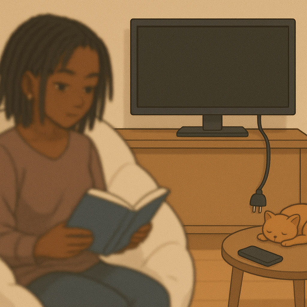 Illustration d'une femme assise dans un fauteuil en train de lire un livre au lieu de regarder la télé ou scroller sur son téléphone.