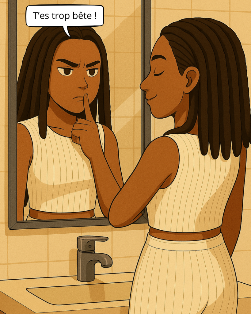 Illustration d'une femme qui fait taire son reflet dans le miroir. Reflet qui lui dit des propos méprisants.