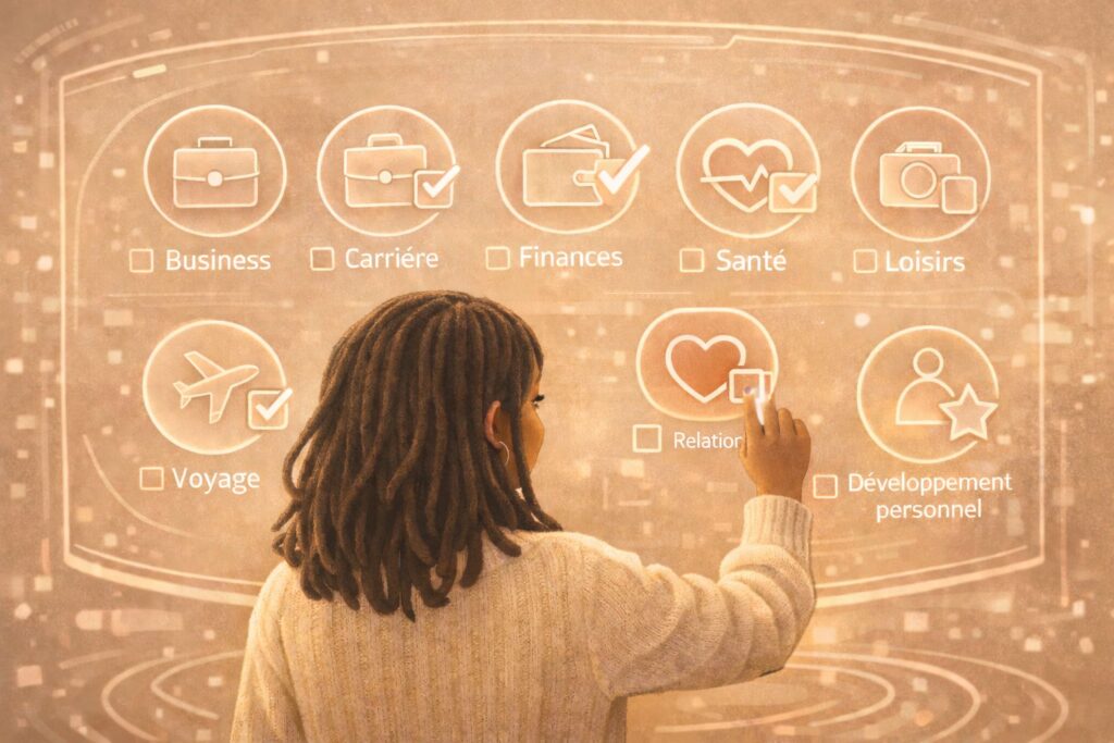 Illustration d’une femme sélectionnant les sphères de vie à améliorer afin de définir des objectifs clairs et alignés avec ses priorités.