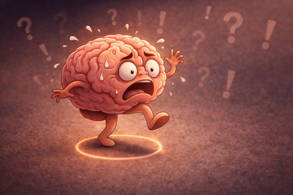 Illustration d'un cerveau paniqué à l'idée de sortir de sa zone de confort avec un cercle lumineux.