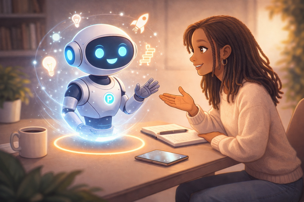 Illustration d'une femme échangeant avec une intelligence artificielle pour sortir de sa zone de confort.