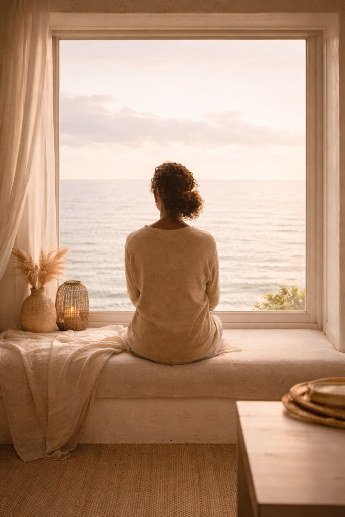 Femme de dos regardant la mer depuis une fenêtre ambiance beige douce introspection bilan trimestriel émotionnel