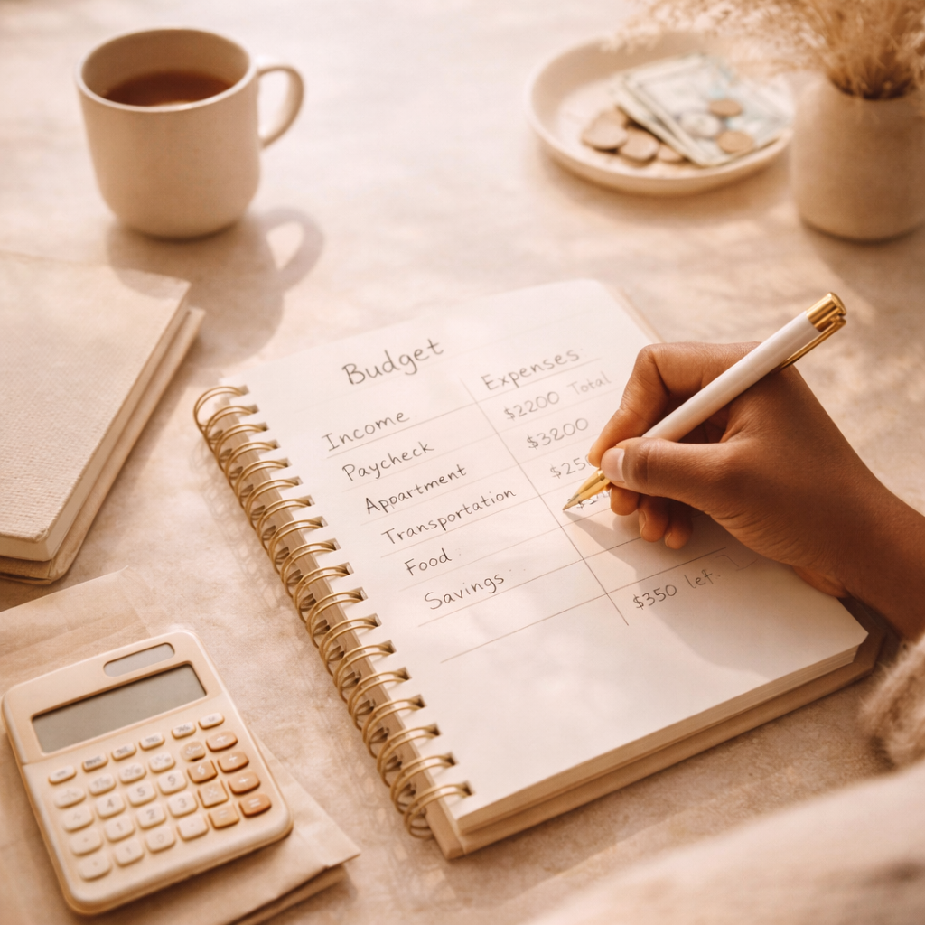 Main écrivant un budget dans un carnet avec calculatrice pour un bilan trimestriel financier Ambiance beige douce