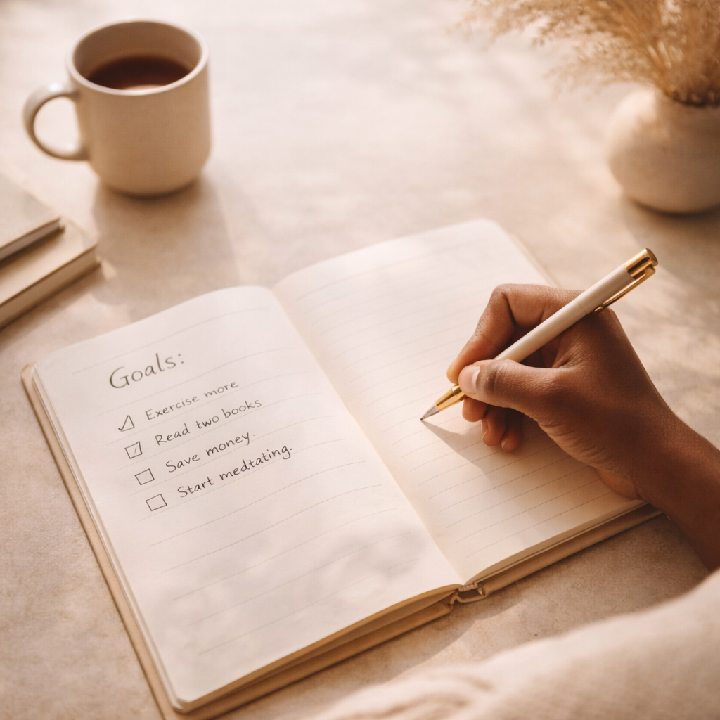 Main écrivant dans un carnet liste d'objectifs ambiance beige minimal bilan trimestriel des objectifs