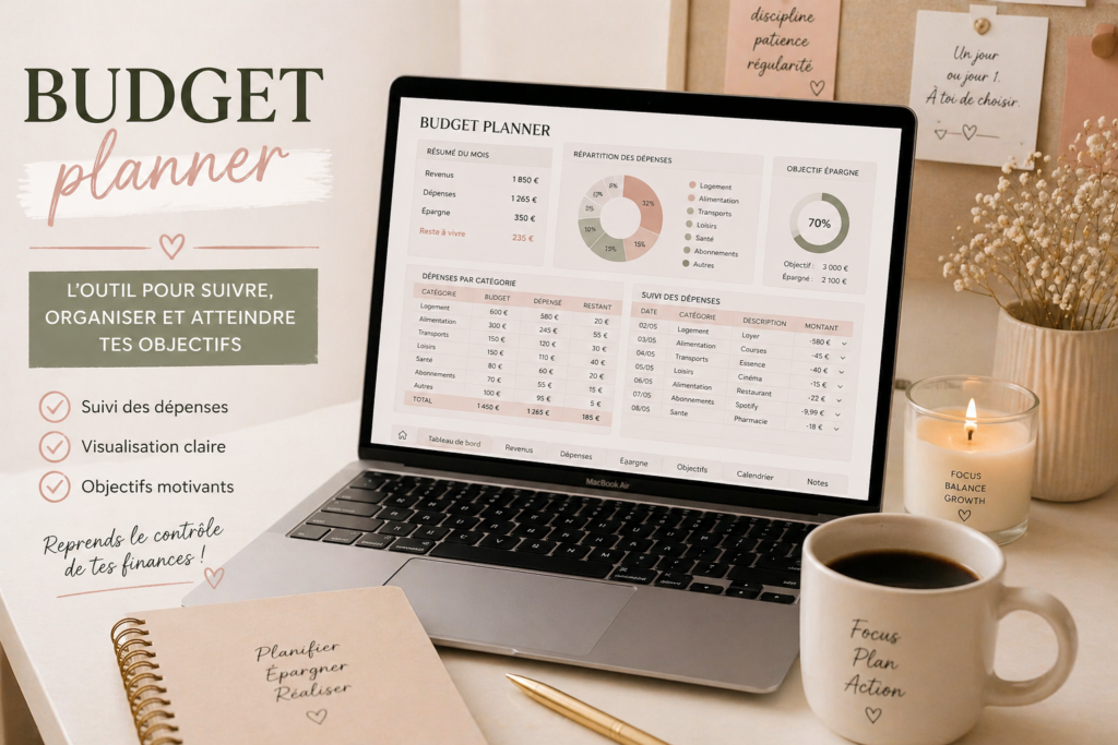 Budget planner sur ordinateur avec tableau de suivi des dépenses et finances personnelles.