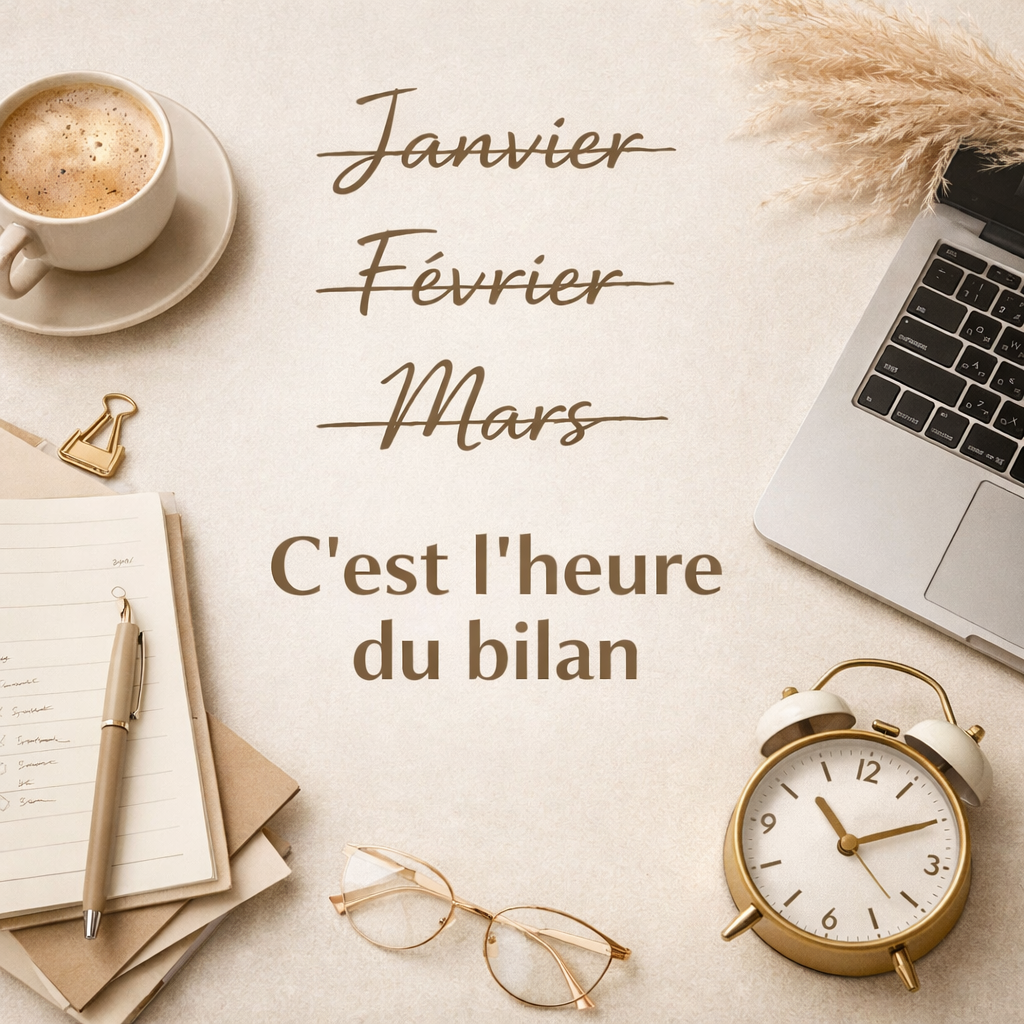 Premier bilan trimestriel de 2026 avec les mois janvier février et mars barrés sur un bureau minimaliste beige avec ordinateur portable et carnet