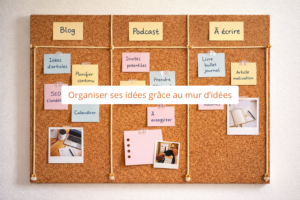 Mur d'idées en liège avec colonnes séparées par de la ficelle, post-it et images pour organiser ses idées