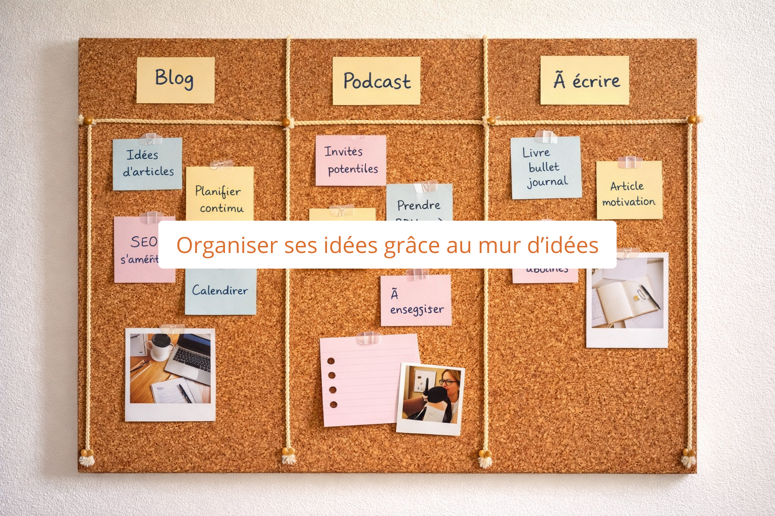 Mur d'idées en liège avec colonnes séparées par de la ficelle, post-it et images pour organiser ses idées