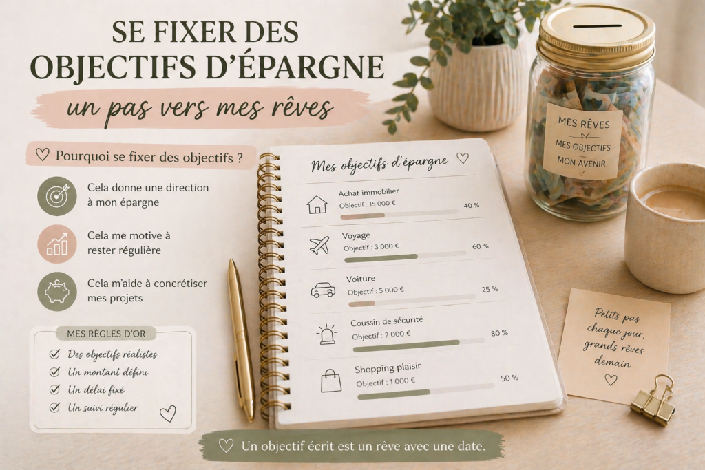 Se fixer des objectifs d'épargne avec un carnet de suivi et une tirelire pour organiser ses finances.