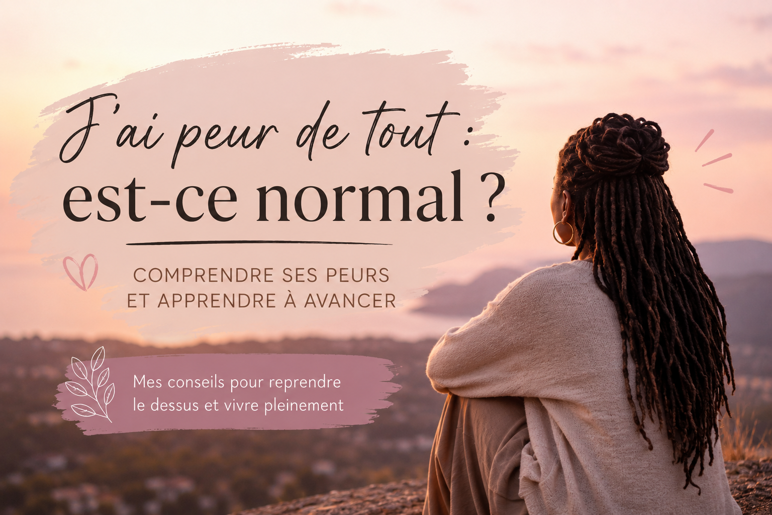 Femme vue de dos face à un coucher de soleil, symbole de dépassement de la peur et du développement personnel.
