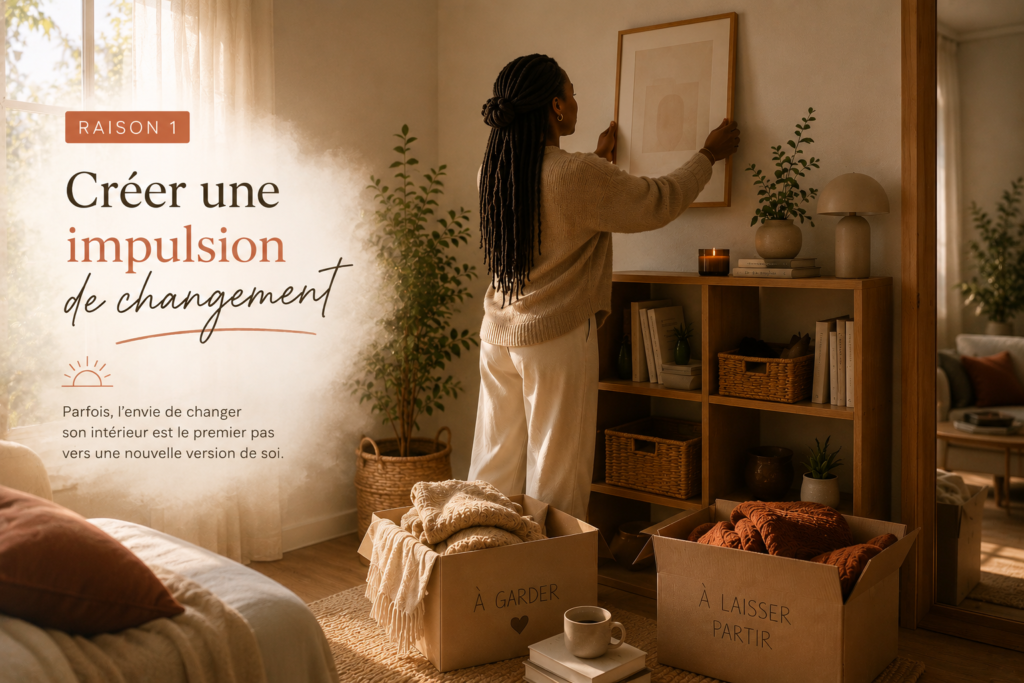 Femme noire avec des microlocks réorganisant un  intérieur chaleureux et minimaliste dans une ambiance de nouveau départ et de changement.