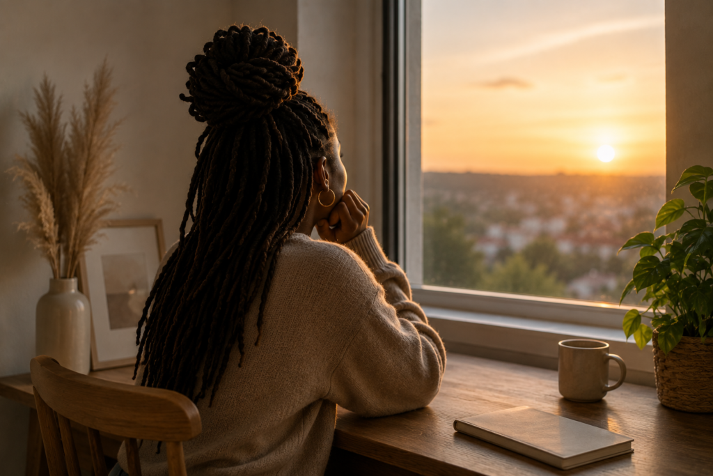 Femme assise près d'une fenêtre, plongée dans ses pensées, illustrant l'hésitation et la difficulté à passer à l'action malgré l'envie d'avancer.