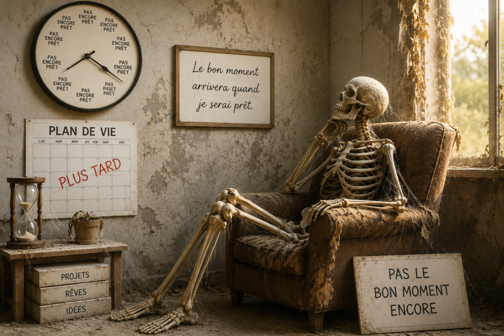 Squelette assis dans un fauteuil, symbole d'une vie passée à attendre d'être prêt avant de passer à l'action.