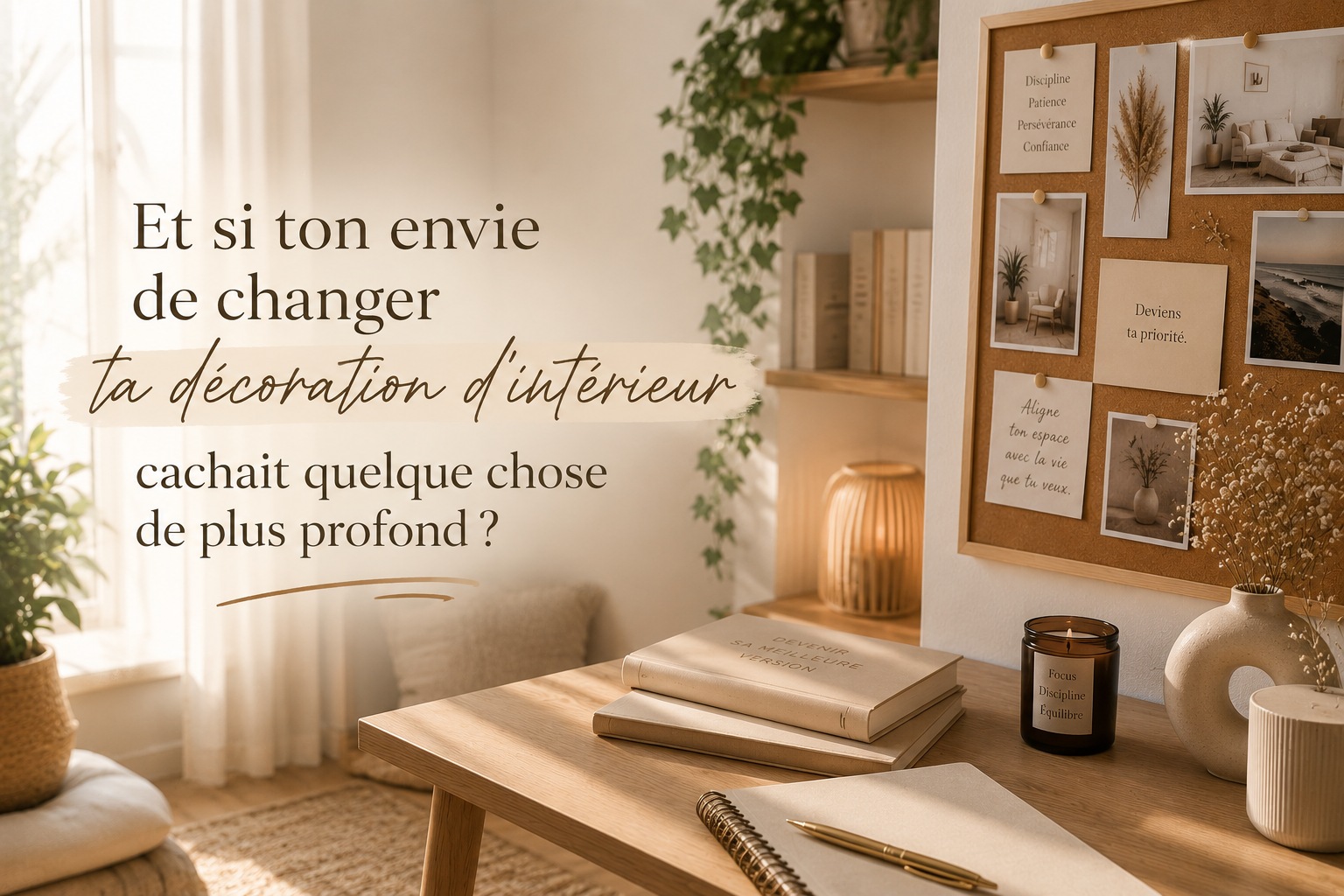 Intérieur chaleureux et minimaliste avec bureau en bois, vision board en liège et ambiance apaisante autour du développement personnel et de la décoration d'intérieur