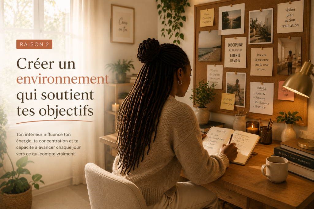 Femme noire avec des microlocks travaillant dans un espace de travail chaleureux avec vision board, bureau en bois et décoration minimaliste.