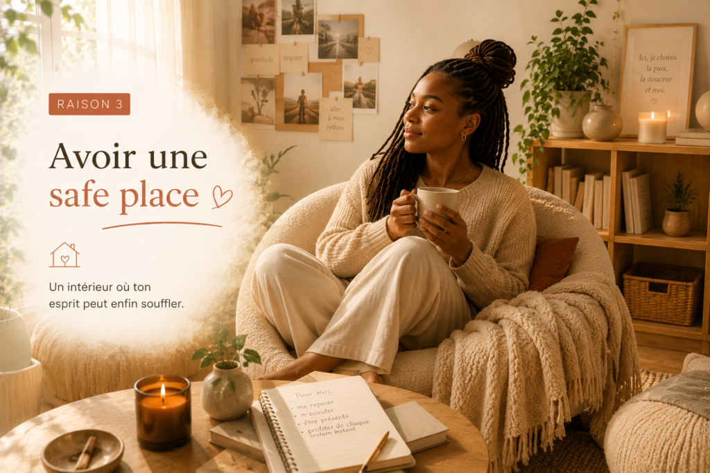 Femme noire avec des microlocks installée dans un fauteuil cosy dans un intérieur chaleureux et apaisant avec lumière douce, bougies et décoration minimaliste pour montrer l'importance de changer sa décoration d'intérieur pour se créer une safe place