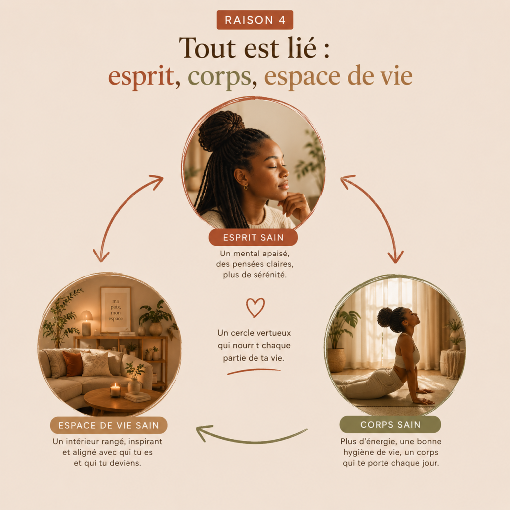 Infographie minimaliste illustrant le lien entre un esprit sain, un corps sain et un espace de vie sain à travers un cercle relié par des flèches.