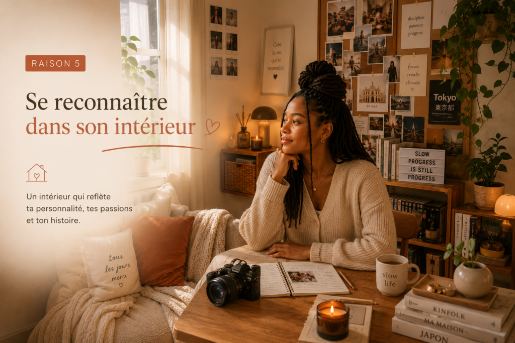 Femme noire aux microlocks assise dans un intérieur chaleureux et créatif avec vision board, appareil photo et décoration reflétant sa personnalité et ses passions.