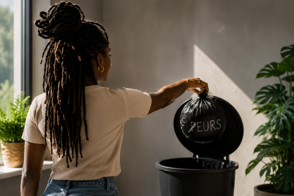 Femme jetant un sac intitulé "peurs" à la poubelle, symbole du lâcher-prise et du dépassement de ses peurs.